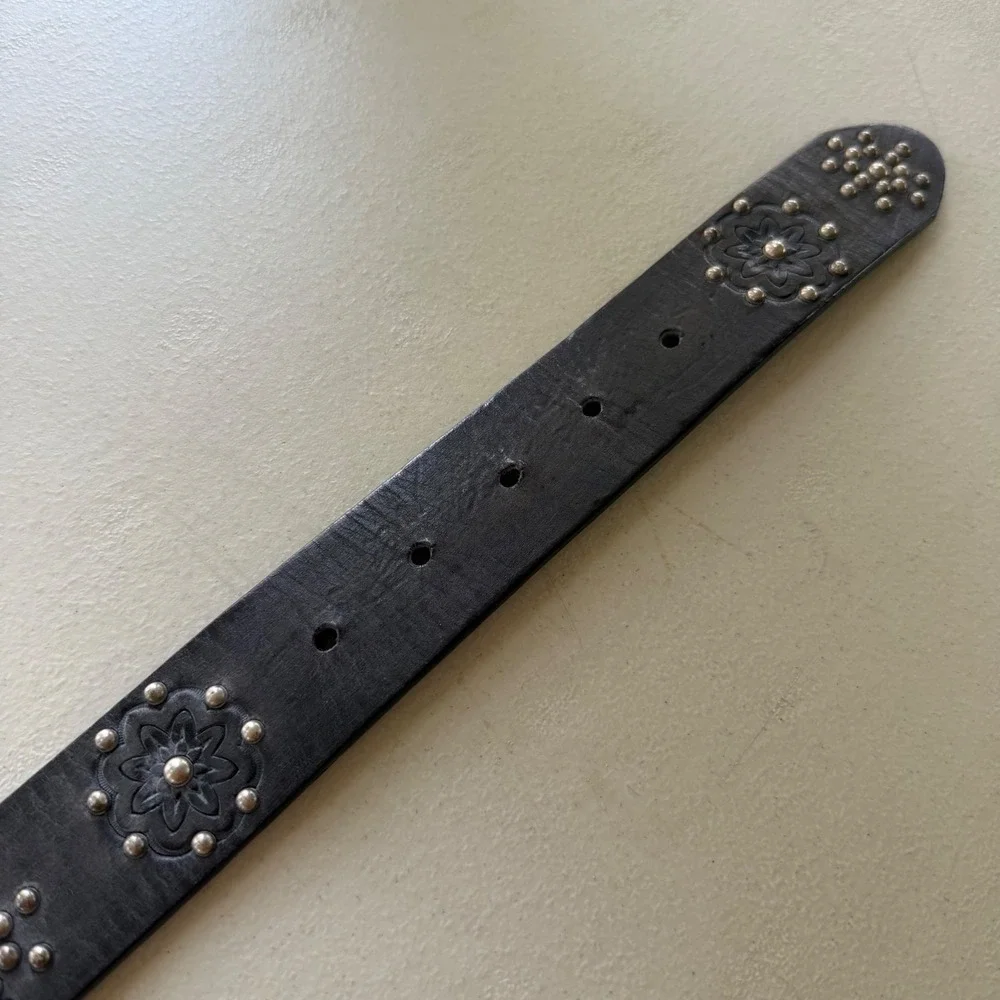 Brighton Women's 36 Black Leather Peace Sign Buckle Studded Belt Boho Hippie Y2K